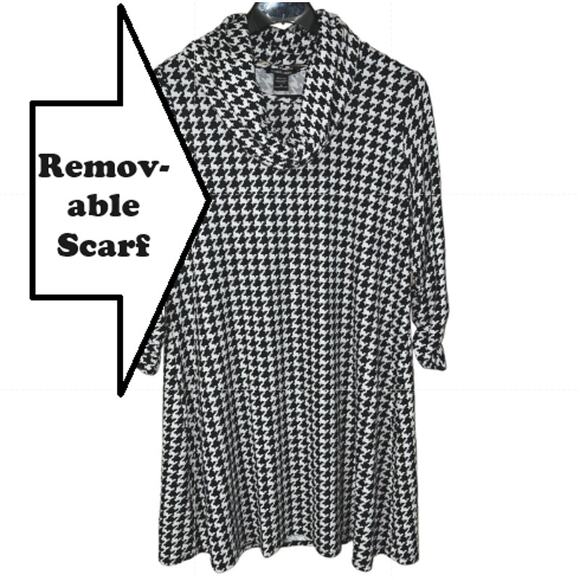 Houndstooth 2X Comfort Swing DRESS A-Line Soft Stretch Knit Removable Scarf NEW - Picture 1 of 10